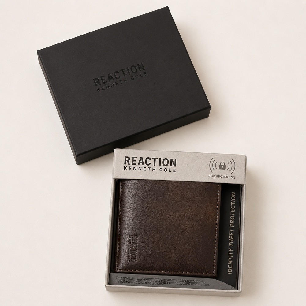 Kenneth Cole Reaction Quiet Luxury Slimfold Wallet Mens Brown RFID MinimalistNew